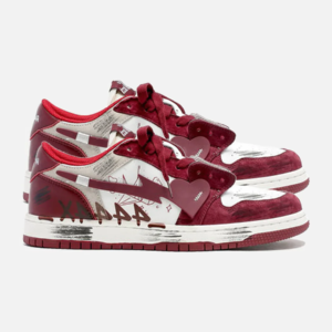 Distressed Low Top Suede and Leather Basketball Sneaker in Red, Grey, and White