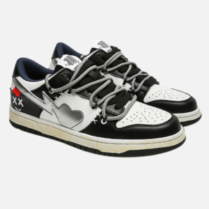 Low Top Leather Basketball Shoe in Black, White, and Silver