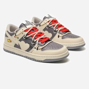 Low Top Leather Basketball Shoe in Cream and Grey