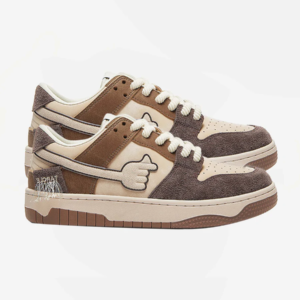 Low Top Leather, Suede, and Canvas Sneaker in Brown and Cream